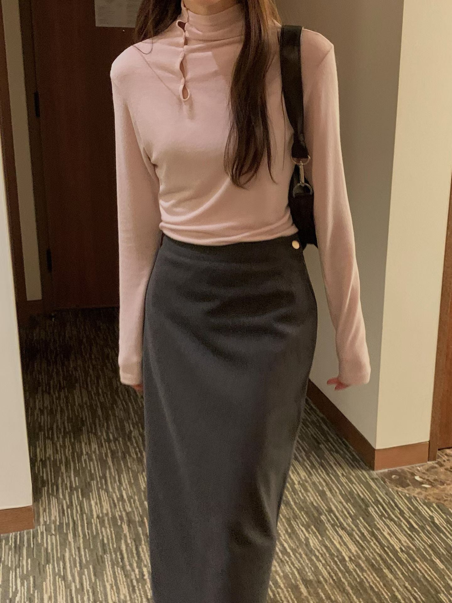 鈕扣薄料上衣 ( 深灰/白/粉 )