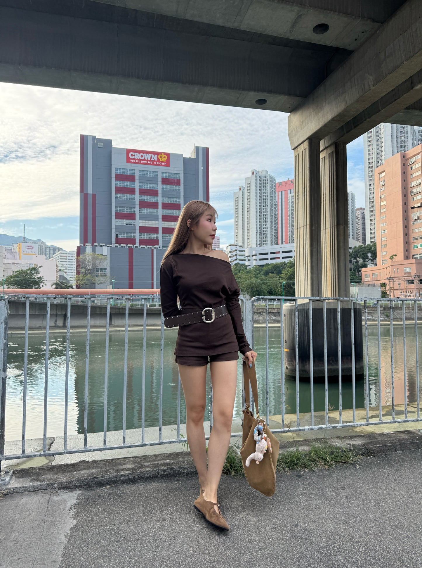 連皮帶棉質上衣 + 裙褲套裝 ( 黑/深啡 )