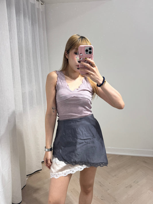 斜LAYER LACE邊拼色短裙 ( 灰/啡 )