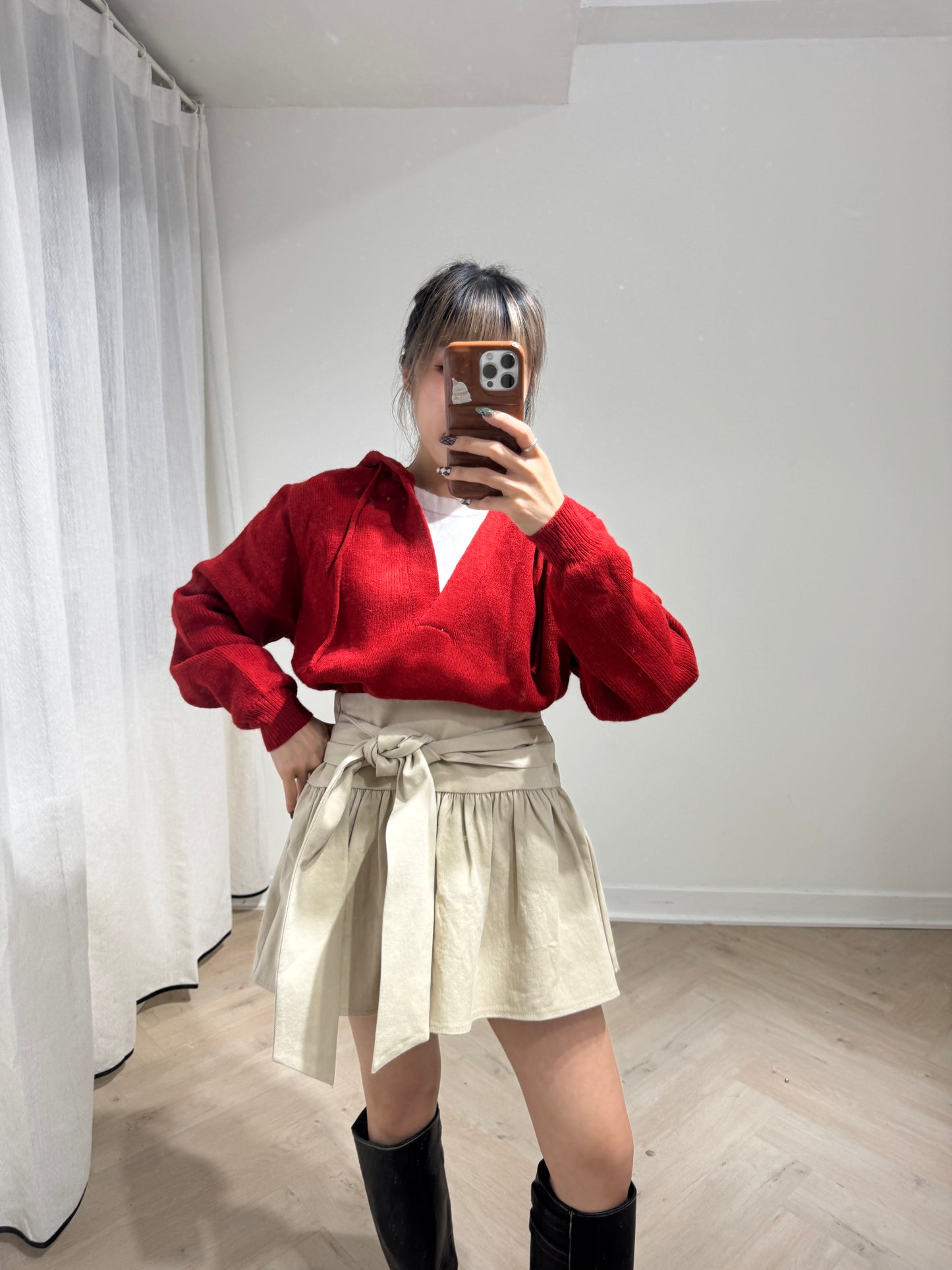 紅色假兩件有帽上衣