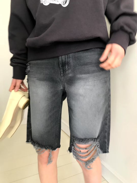 灰黑洗水中長牛仔褲