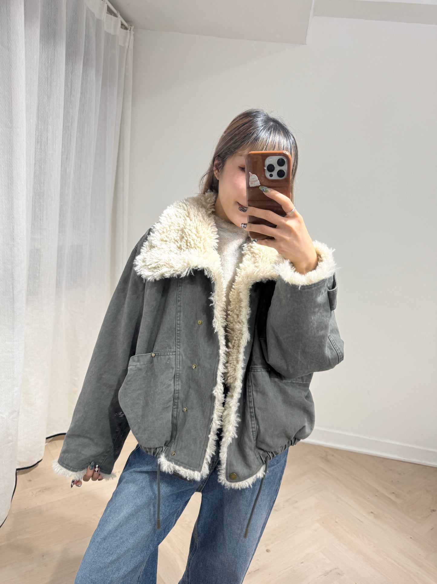 大反領毛毛洗水外套 ( 灰綠/啡 )