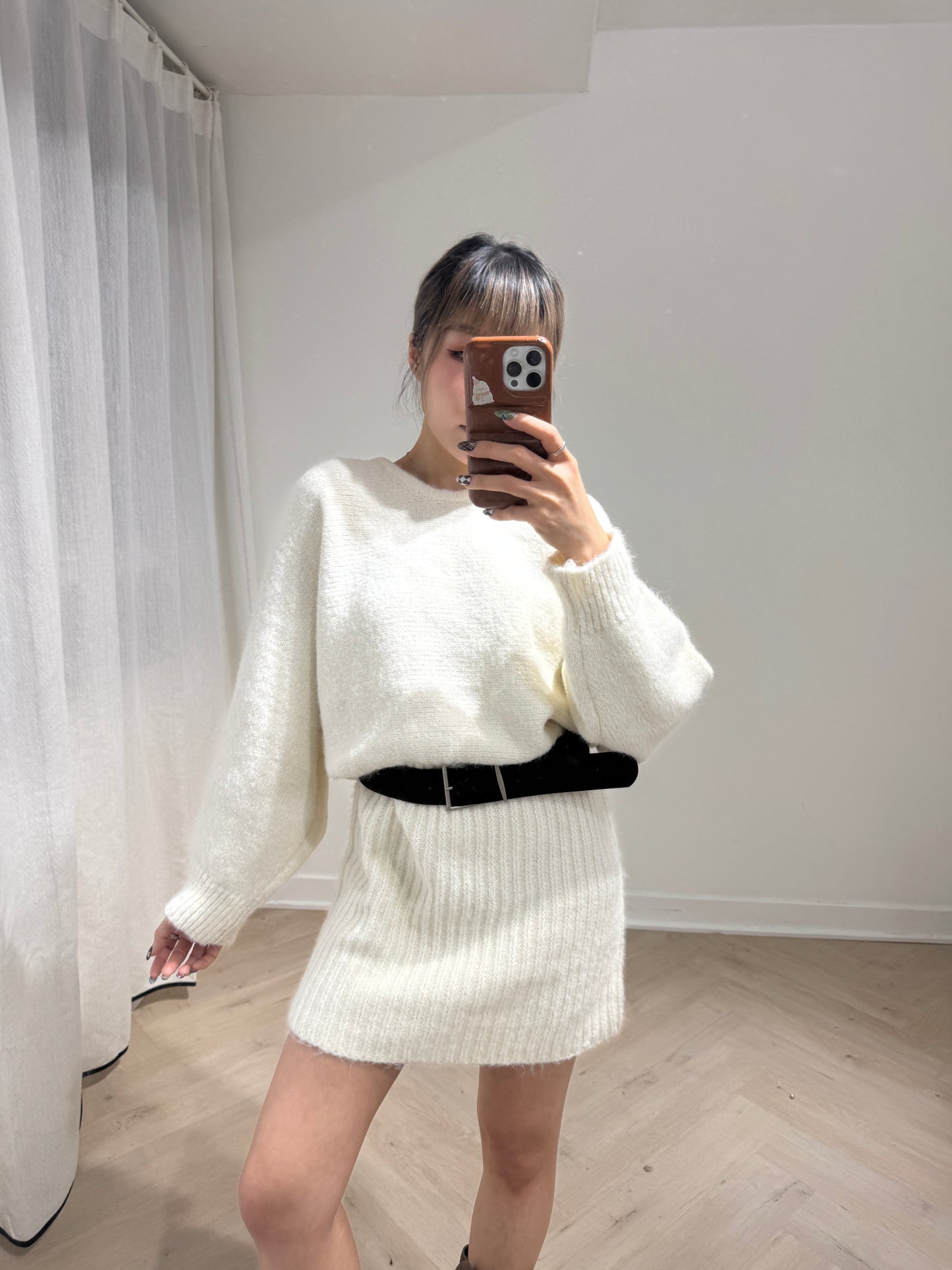 連皮帶冷線連衣裙 ( 灰/米白/啡 )