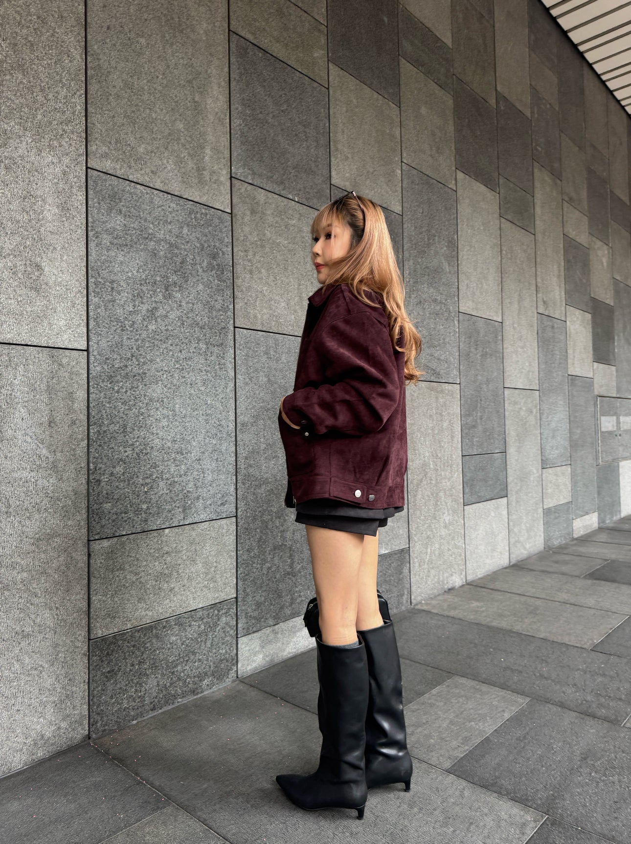 麂布有領拉鍊外套 ( 酒紅/杏 )