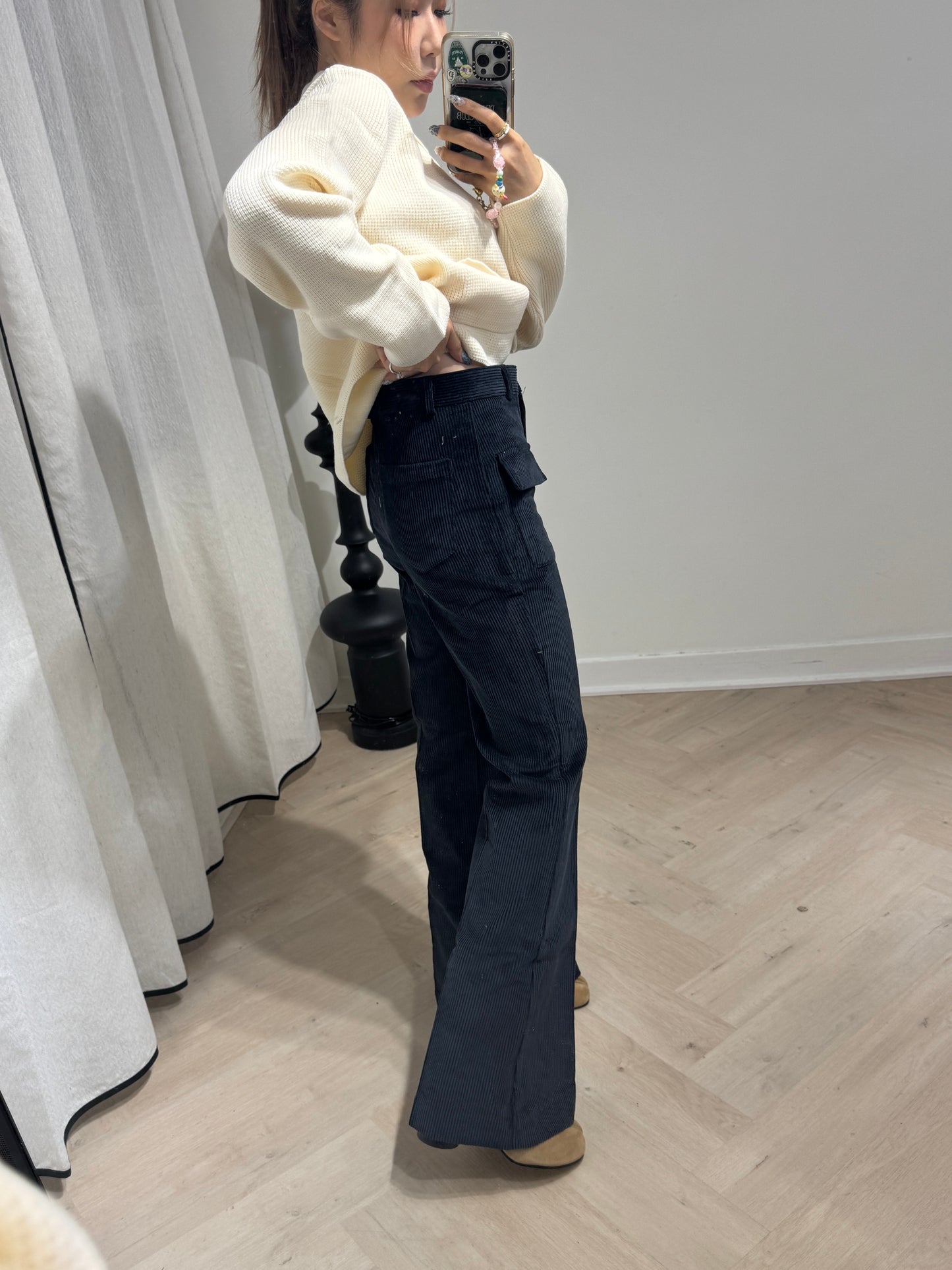 雙口袋燈芯絨喇叭長褲 ( 寶藍/杏 )