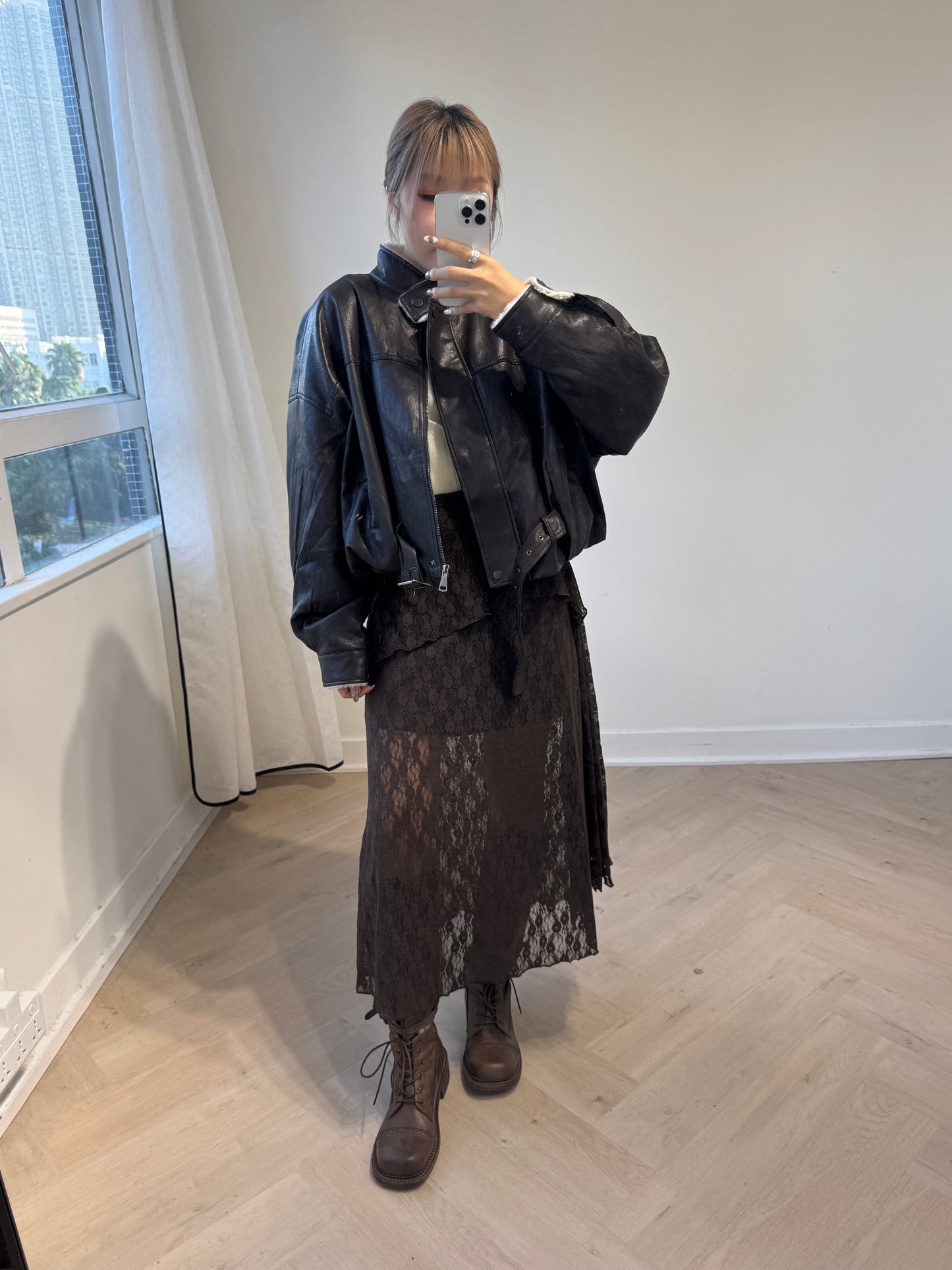 仿皮毛毛BIKER外套 ( 黑/深啡 )