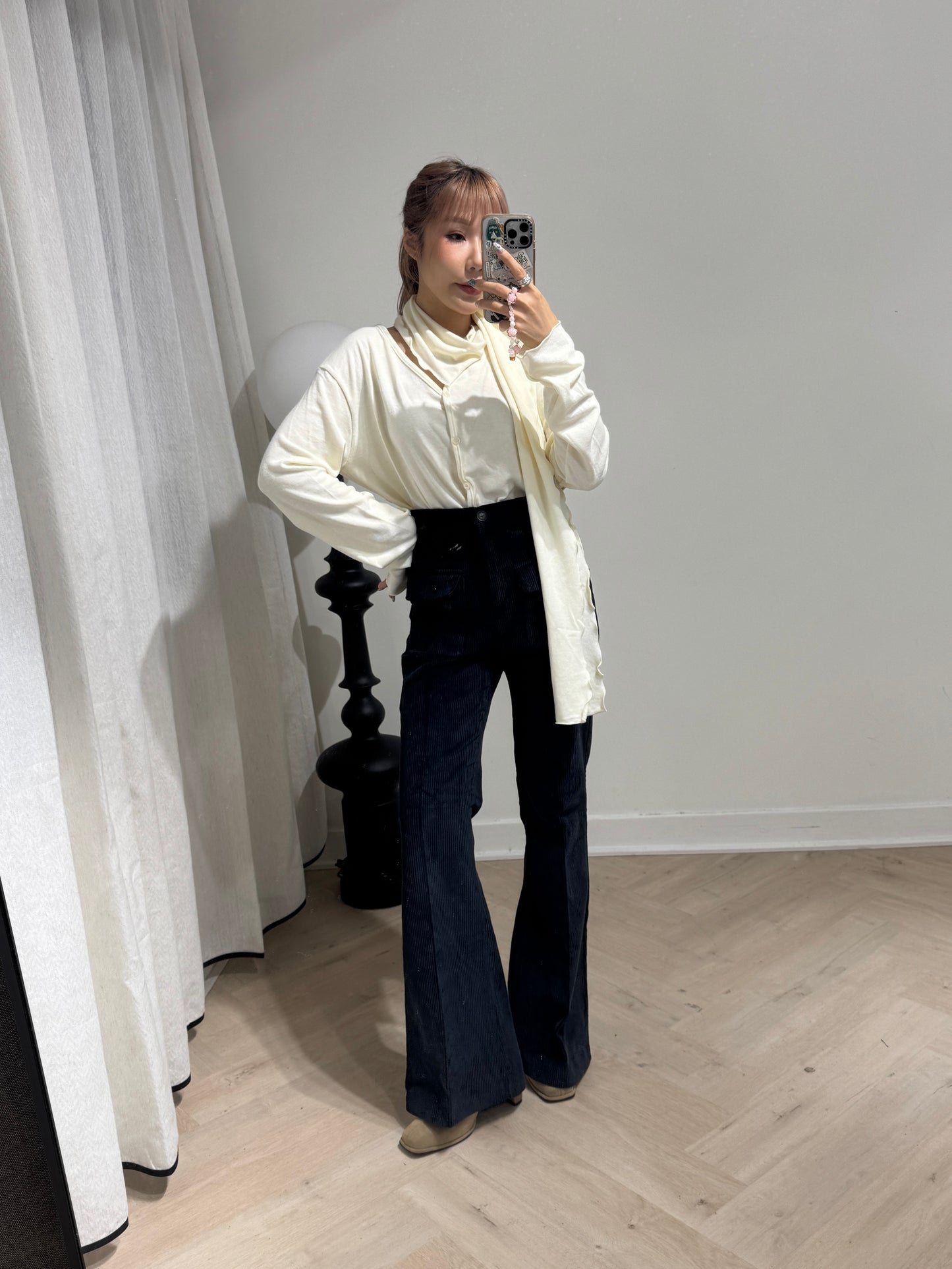 雙口袋燈芯絨喇叭長褲 ( 寶藍/杏 )