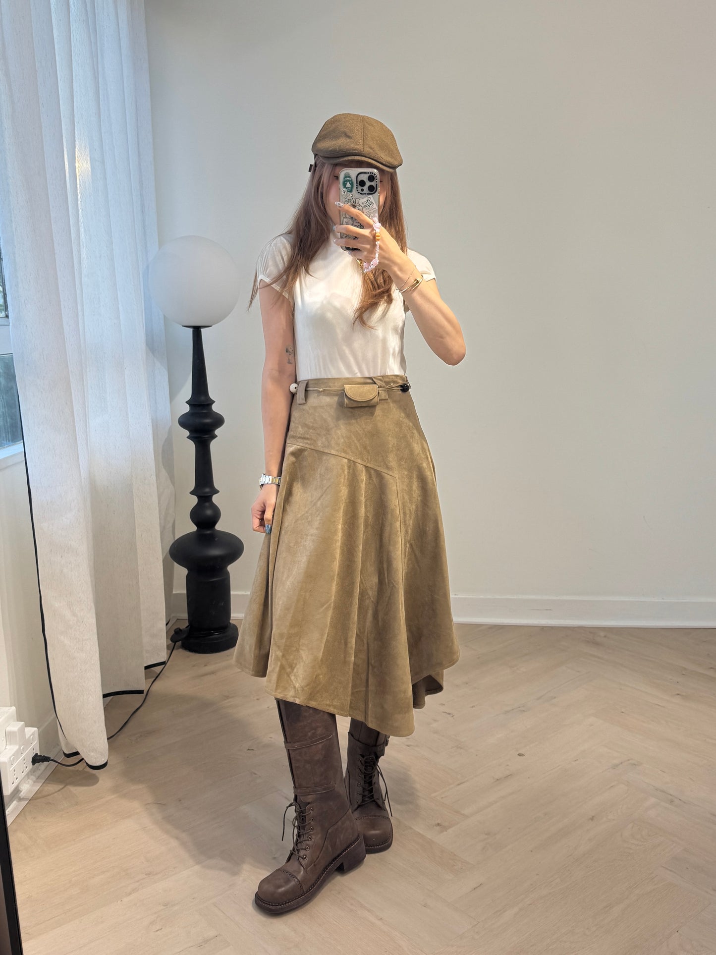 麂布連腰繩不規則長裙 ( 深啡/淺啡 )