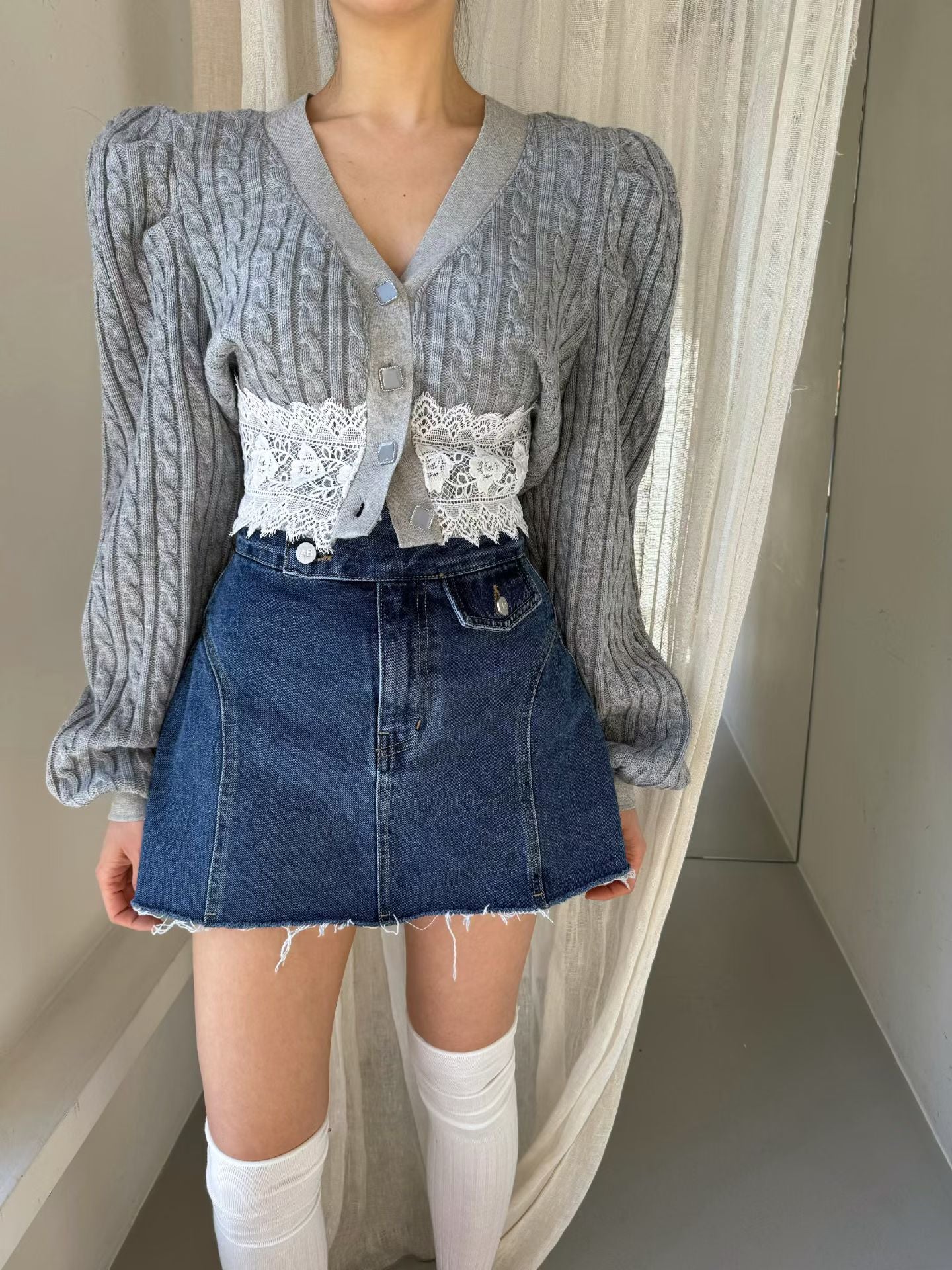 深藍色高腰牛仔裙褲 ( S/M/L )