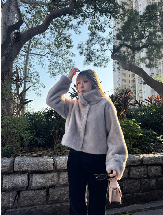 企領短毛毛磁石扣外套 ( 啡/米/淺灰 )