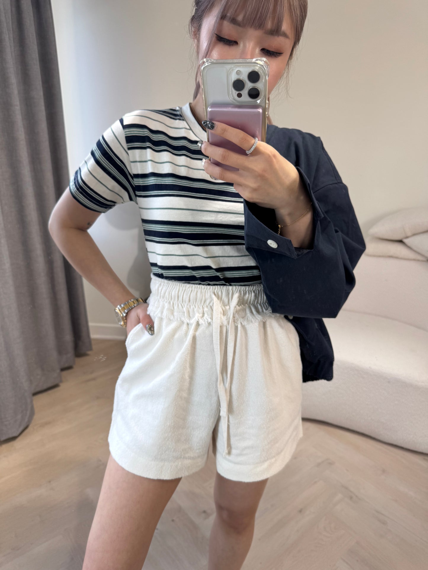 蘇蘇面料橡筋短褲 ( 黑/米 )