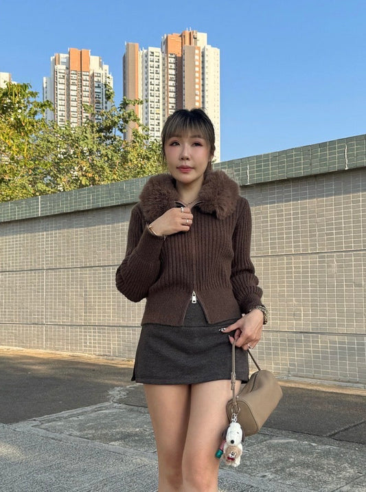 滑毛毛領拉鍊外套 ( 杏/灰/啡 )