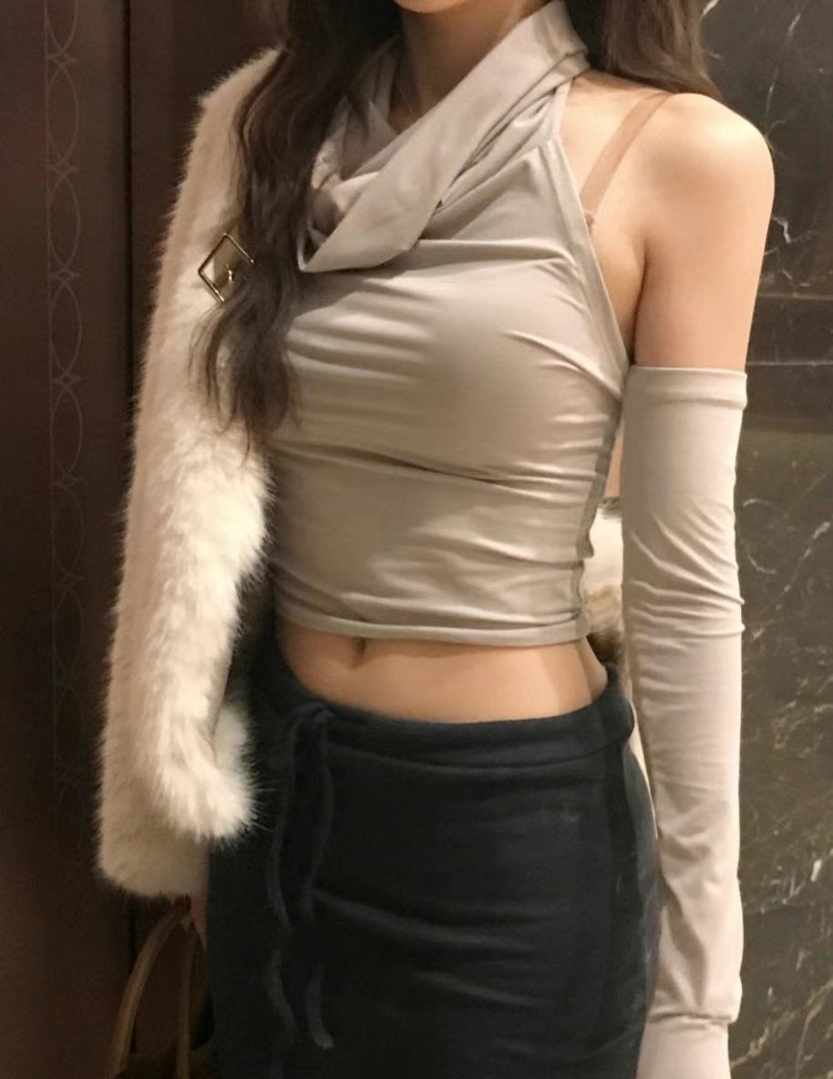 堆領露肩上衣 ( 白/黑/杏 )