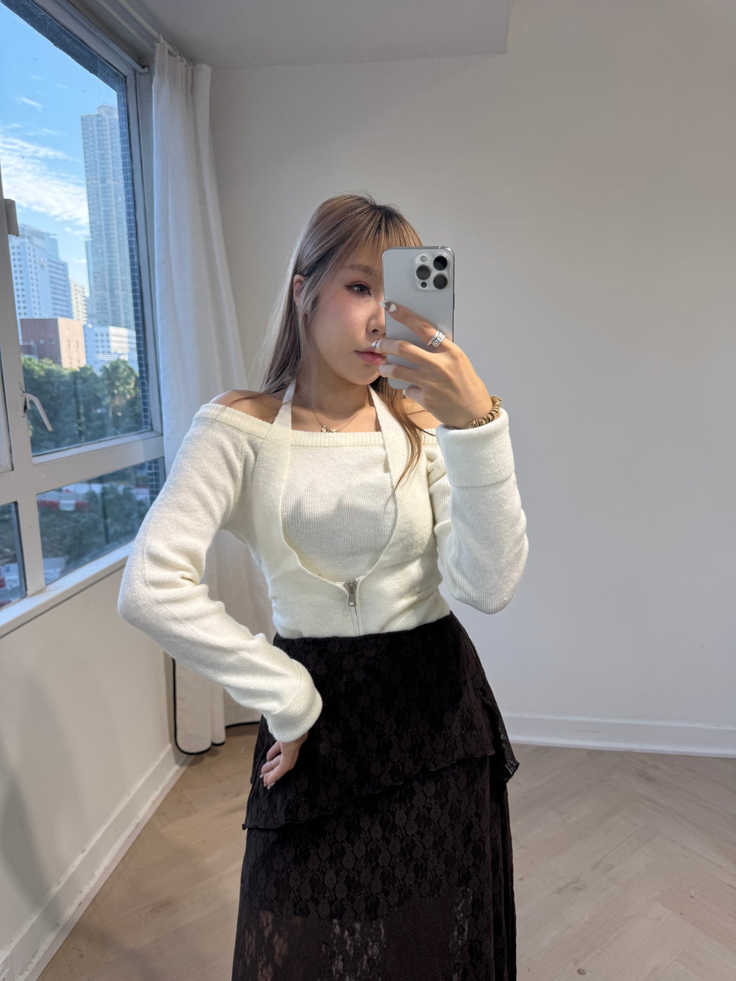 掛頸假兩件尖腳上衣 ( 黑/白/杏/灰 )