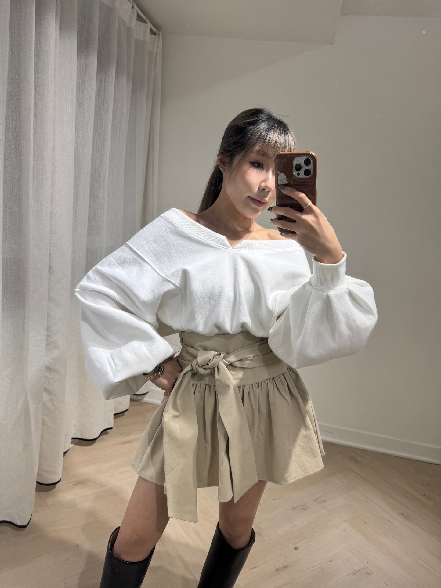 綁結傘形短裙 ( 黑/杏 )