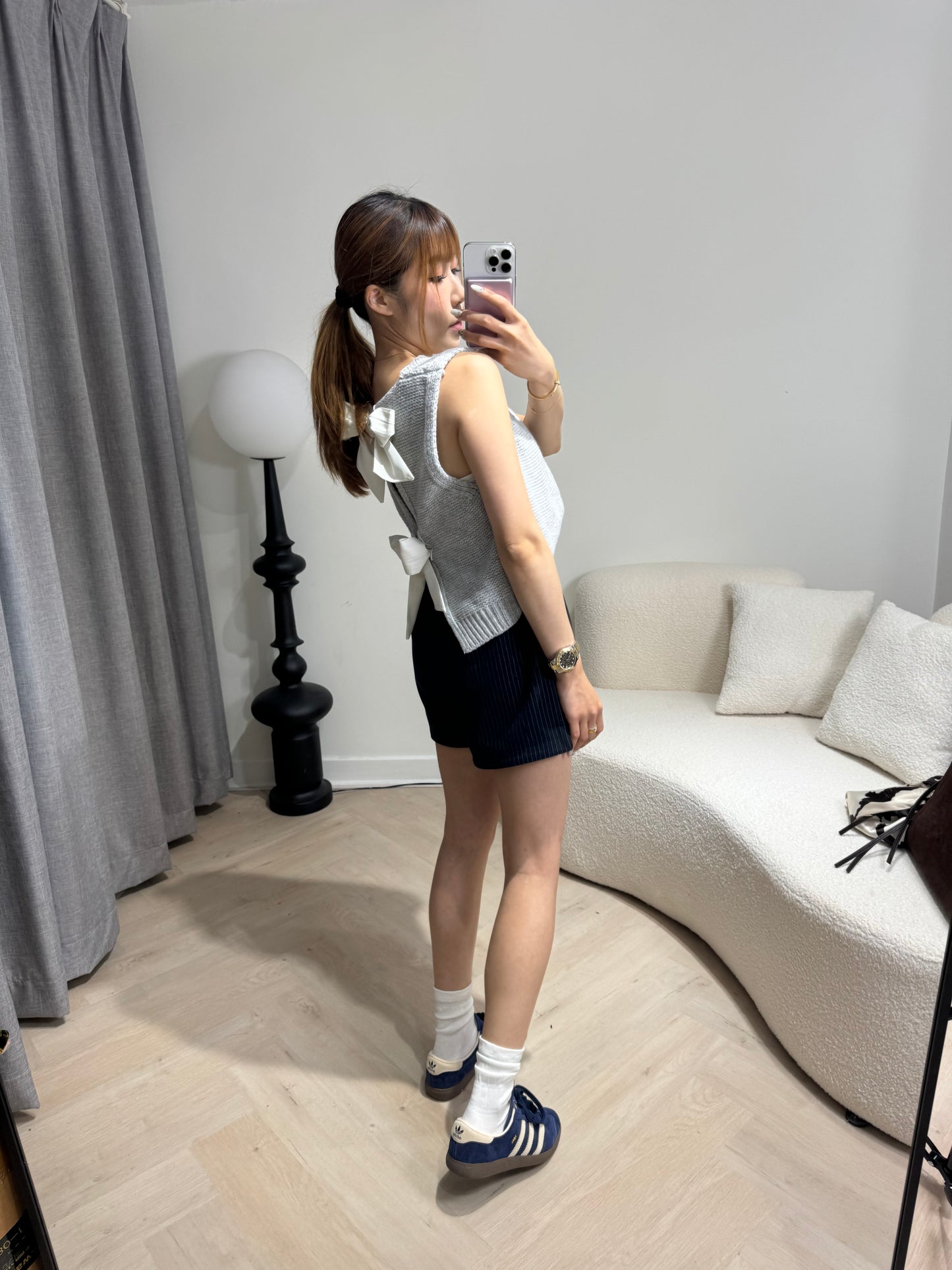 綁蝴蝶背心冷外套 ( 寶藍/灰 )