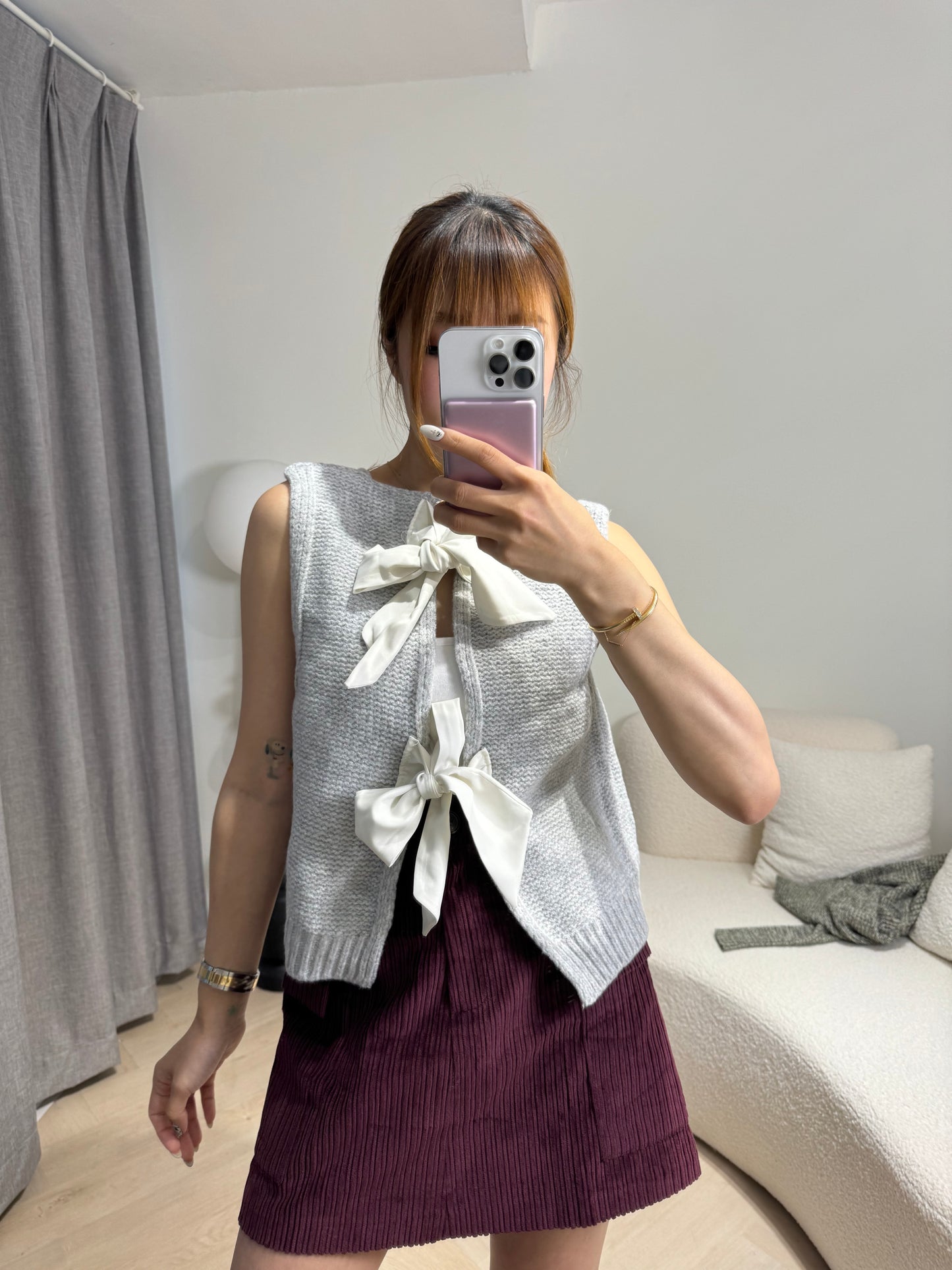 綁蝴蝶背心冷外套 ( 寶藍/灰 )