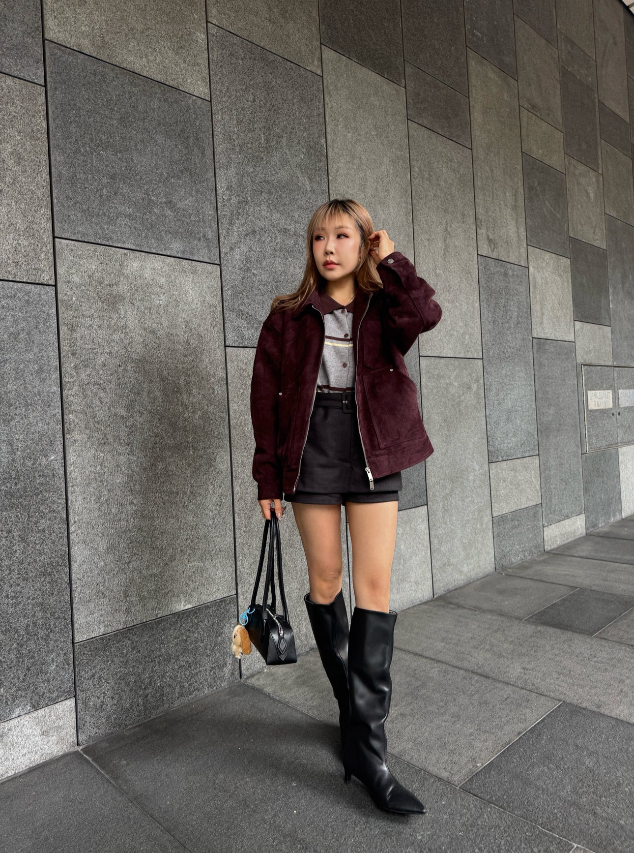 併領間條上衣外套 ( 灰/啡 )