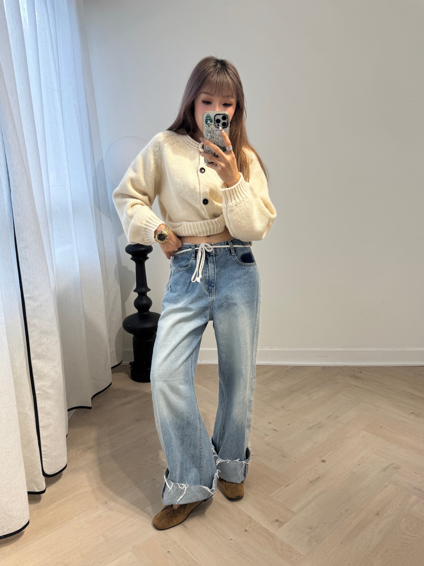 深淺併色直腳寬鬆白繩牛仔褲 ( S/M/L )