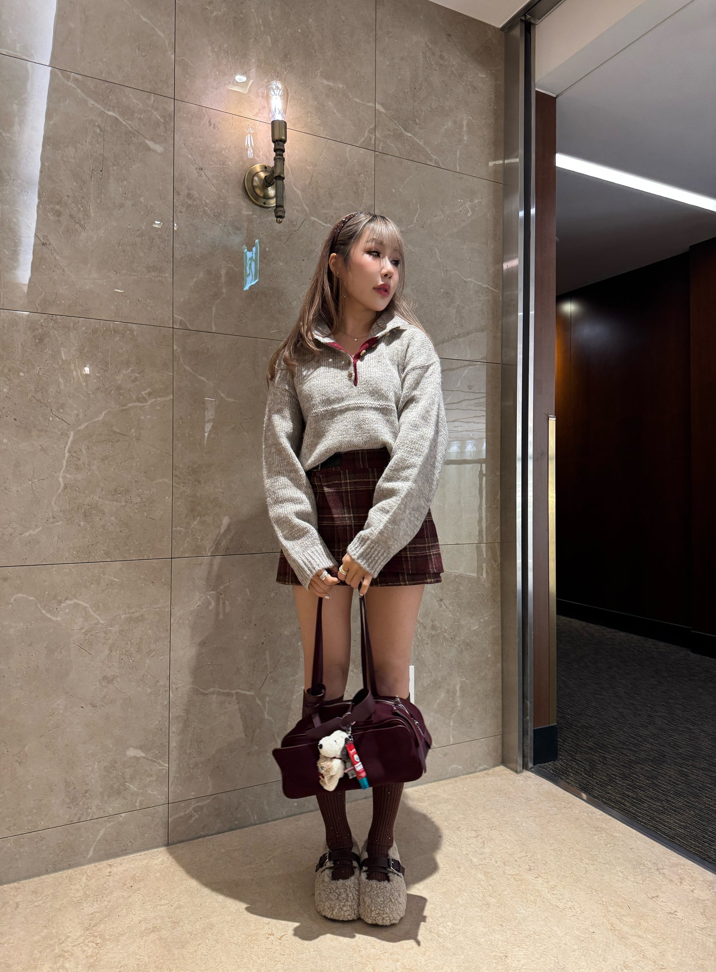 格紋假皮帶薄絨裙褲 ( 紅/灰 )