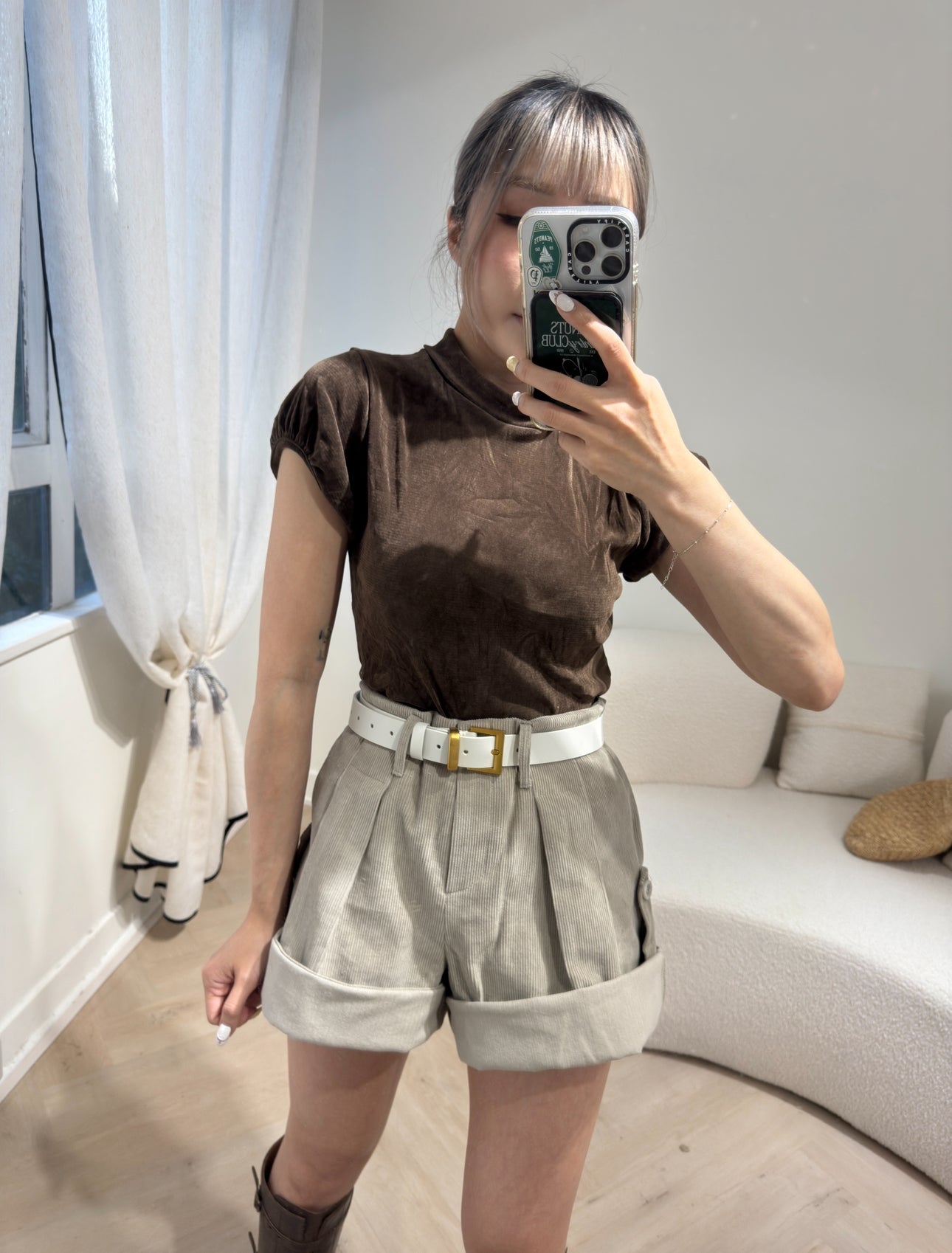 燈芯絨可反摺短褲 ( 米杏/深灰 )