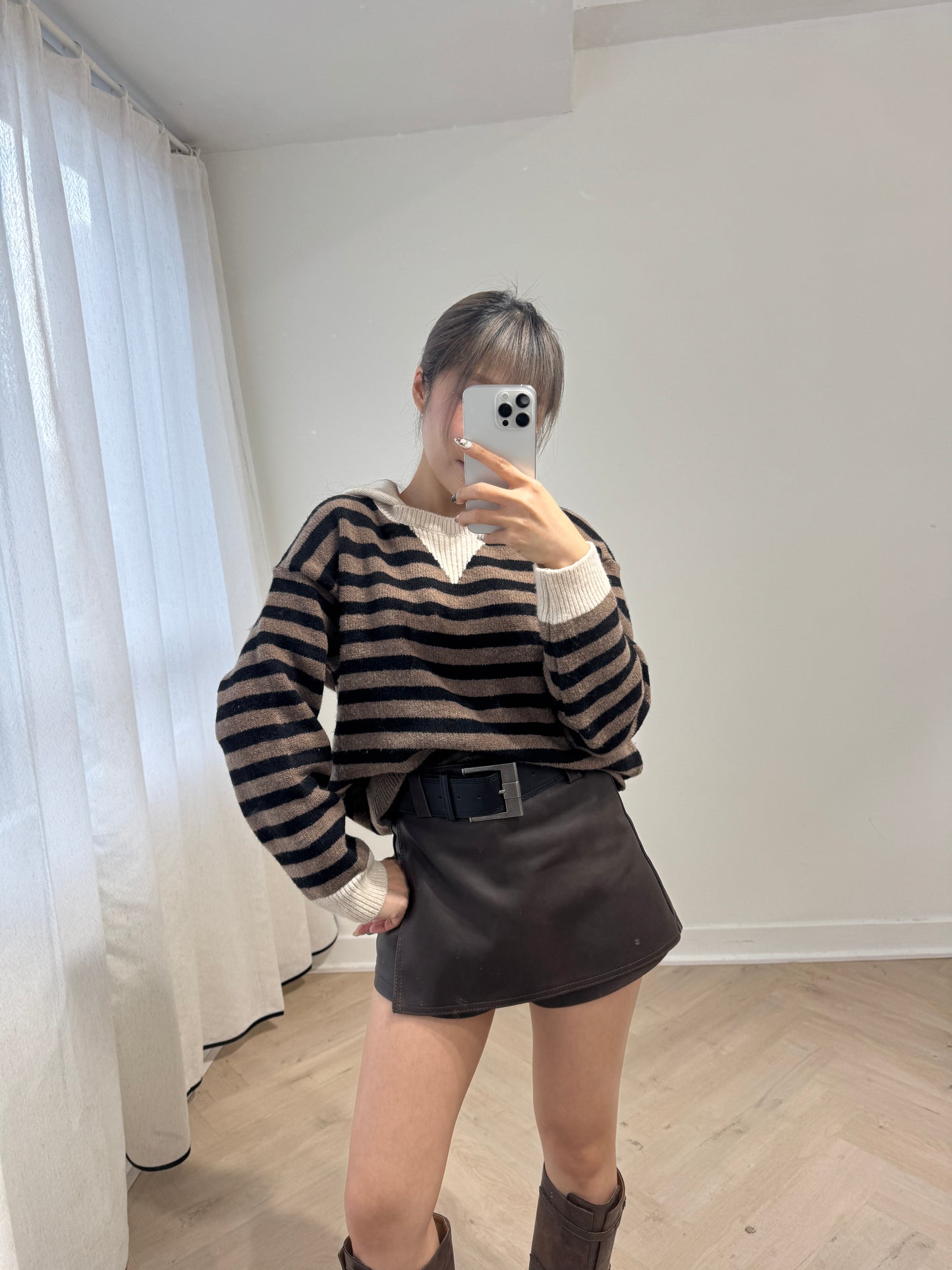 有帽間條冷線上衣 ( 啡/紅/綠 )