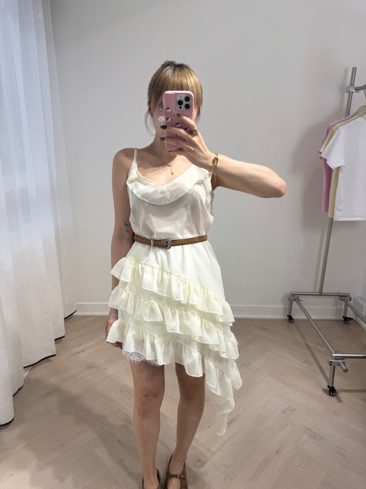 斜層次RUFFLE吊帶雪紡長背心 ( 米/灰 )