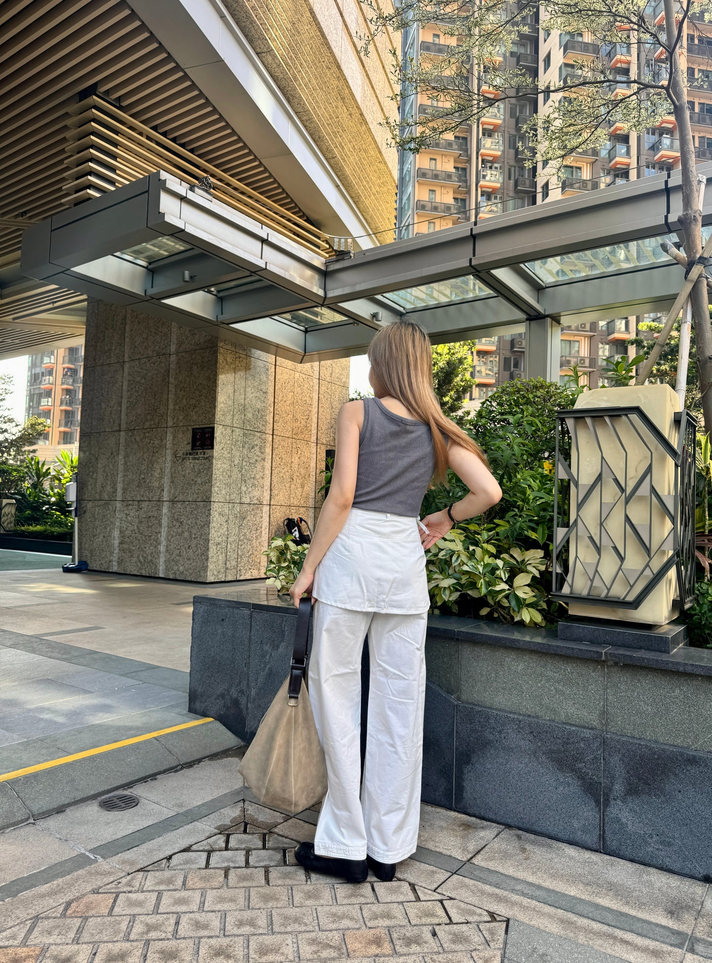 兩件款層次長直褲 ( 深藍/白/灰杏 )