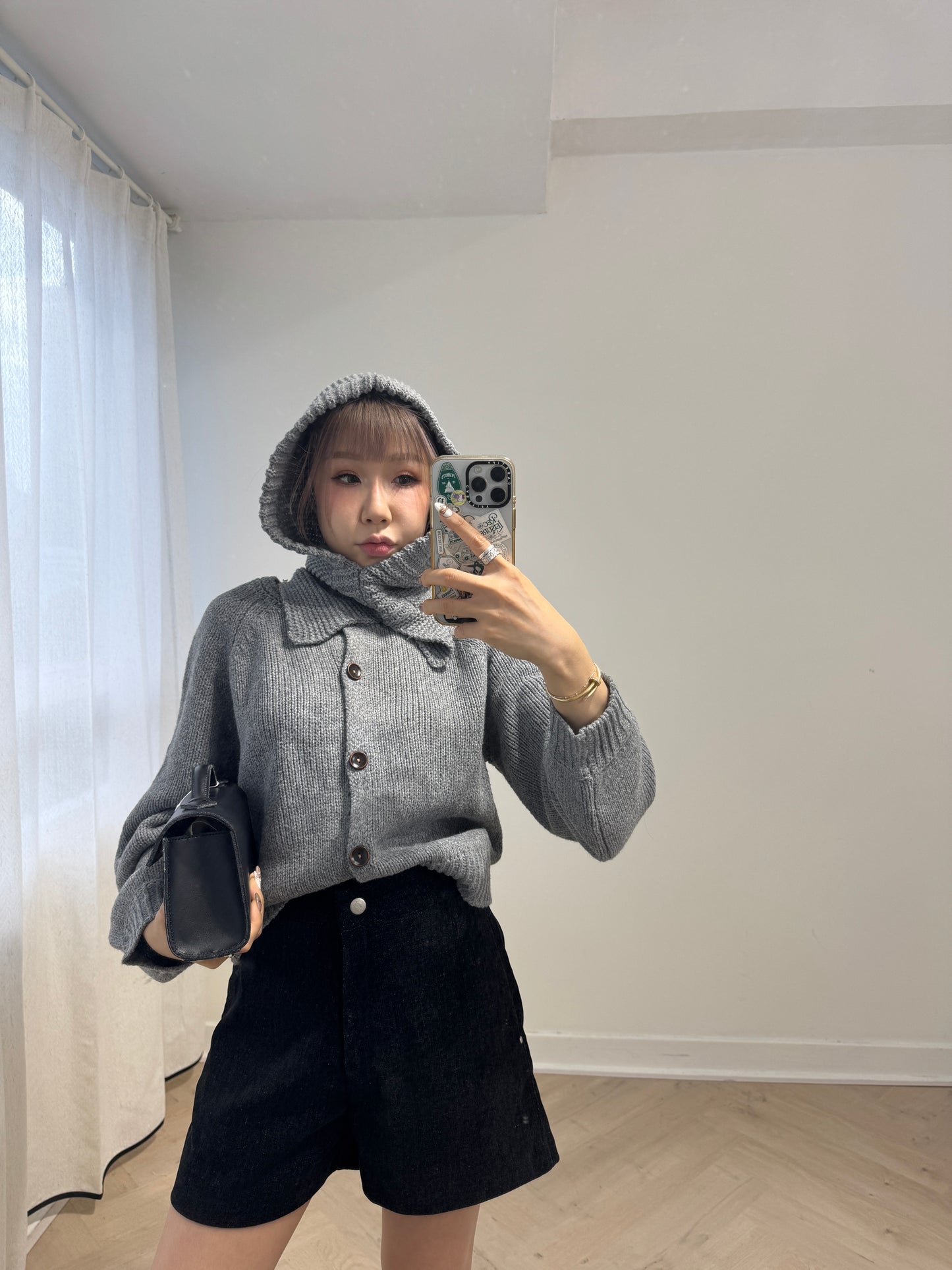 連冷帽鈕扣冷外套套裝 ( 灰/米白/黑 )