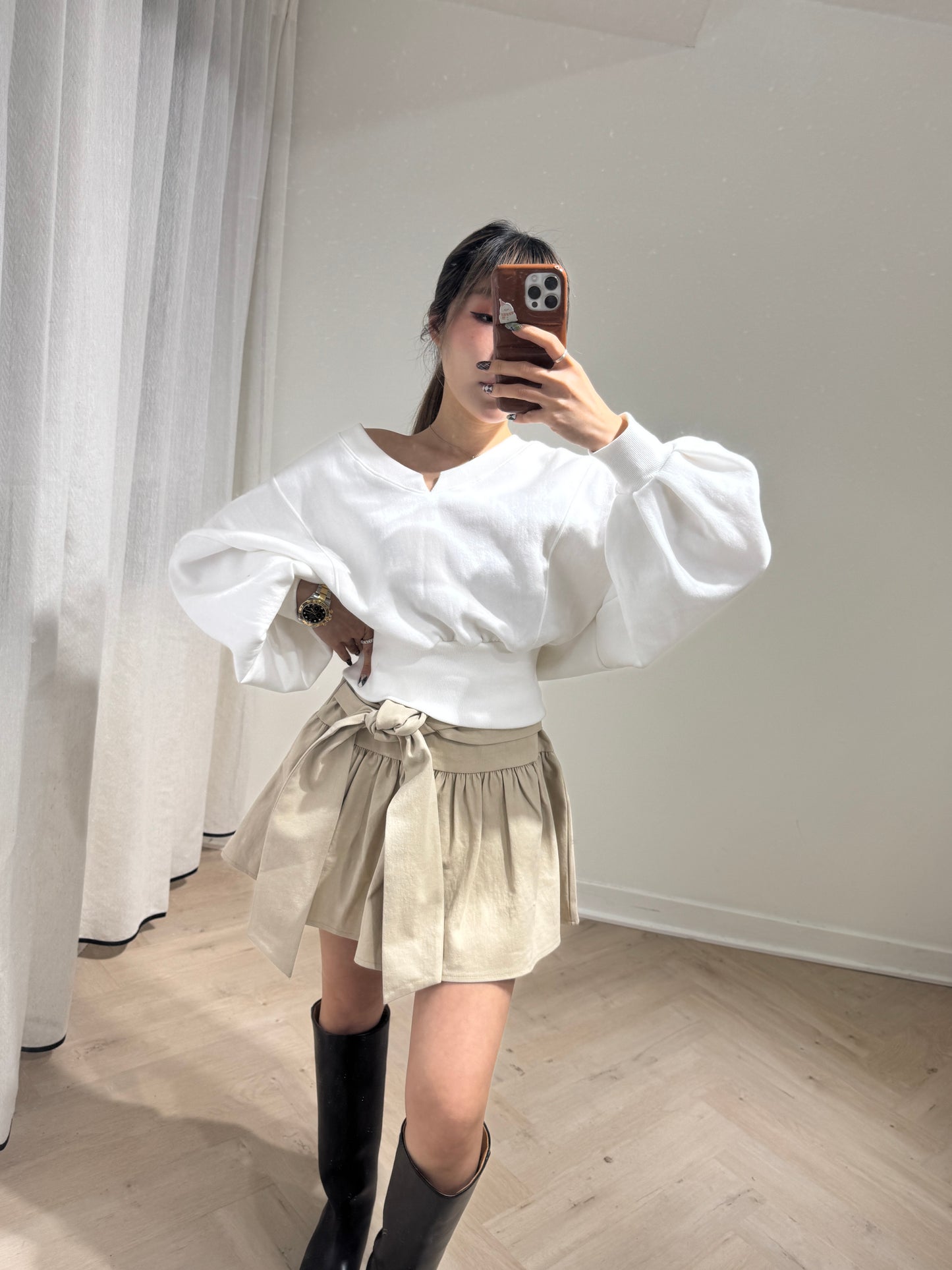 大領束腰衛衣款上衣 ( 黑/白/灰 )