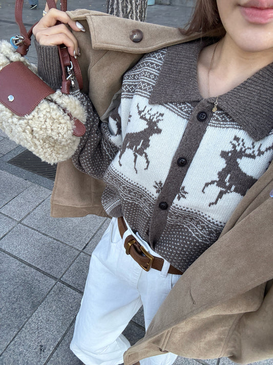 鹿仔雪花紋有領上衣外套 ( 寶藍/啡 )