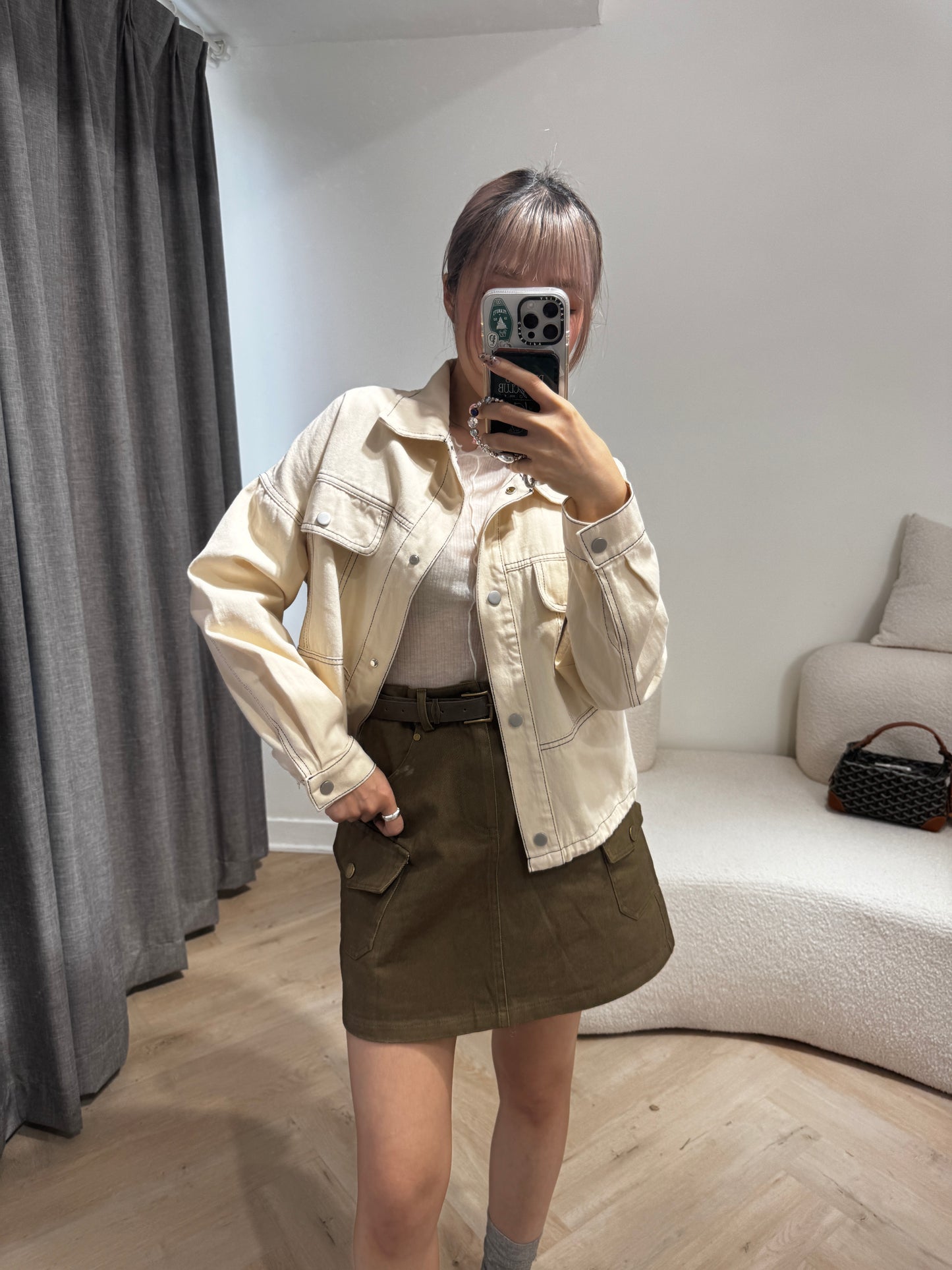 明線薄斜布外套 ( 黑/米 )