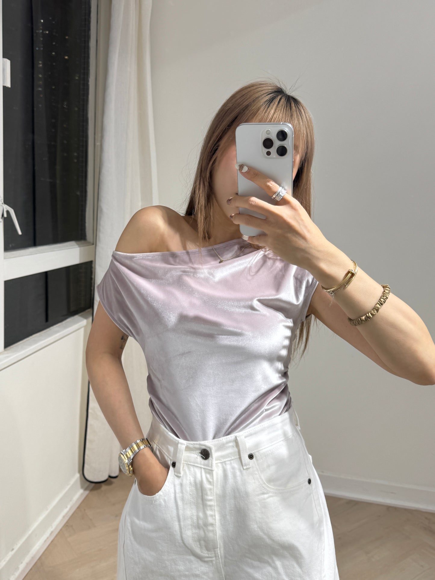 絲絨斜膊上衣 ( 粉/黑 )