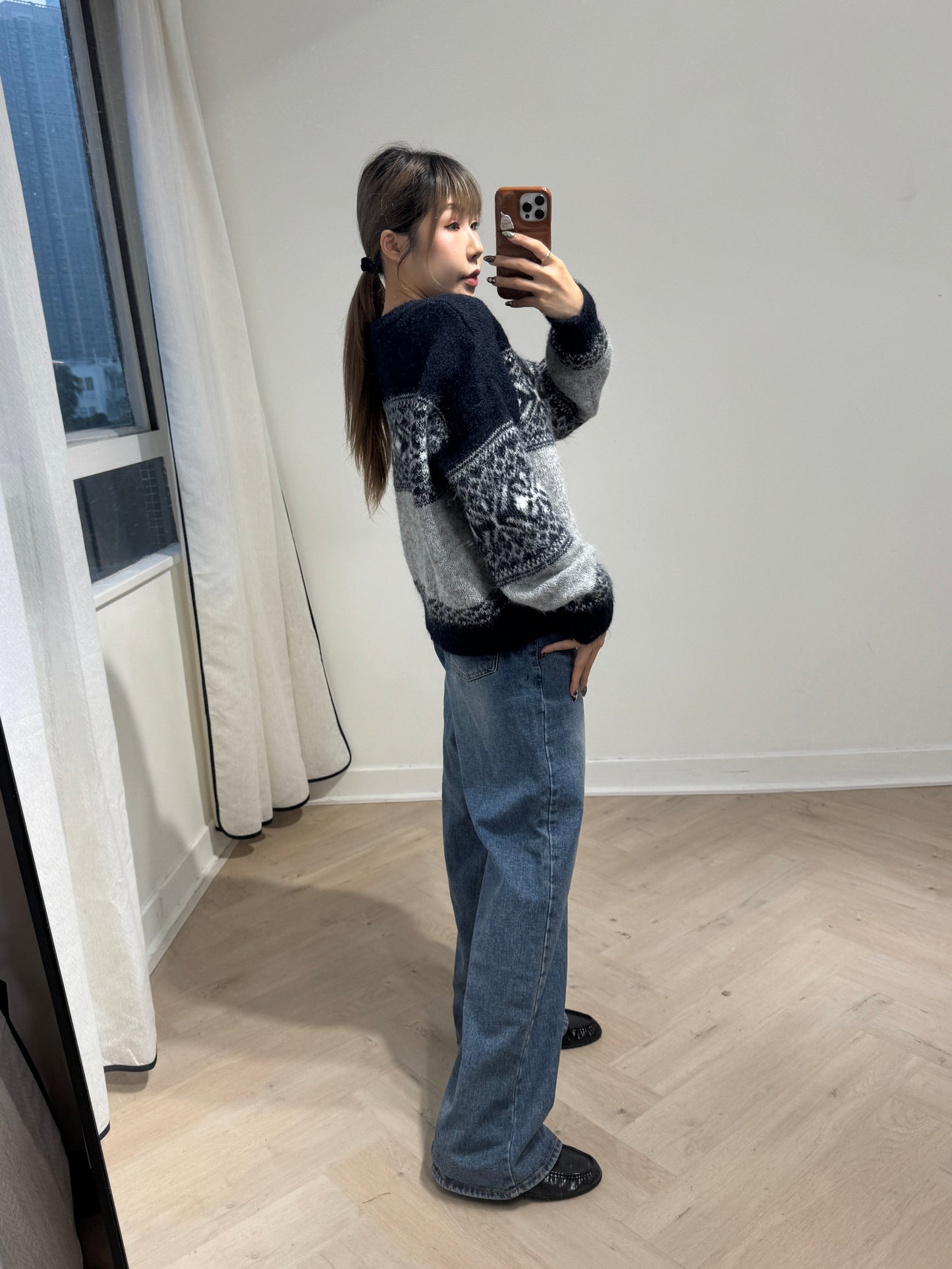 灰併寶藍雪花拉鍊外套