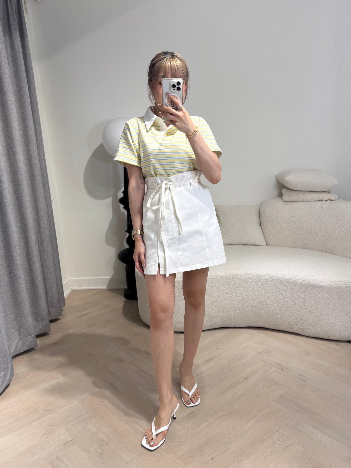 明線綁繩開叉短裙 ( 黑/白 ）