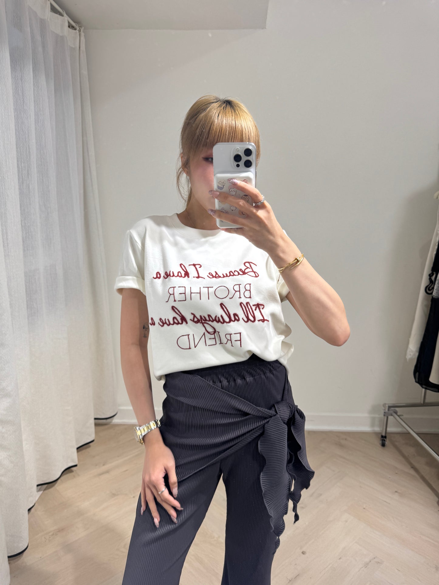 虛線刺繡棉TEE ( 啡/白 )