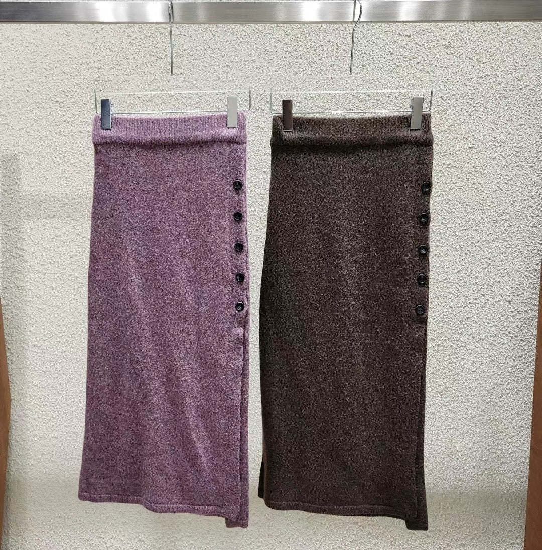羊毛料開鈕鉛筆裙 ( 啡/紫 )