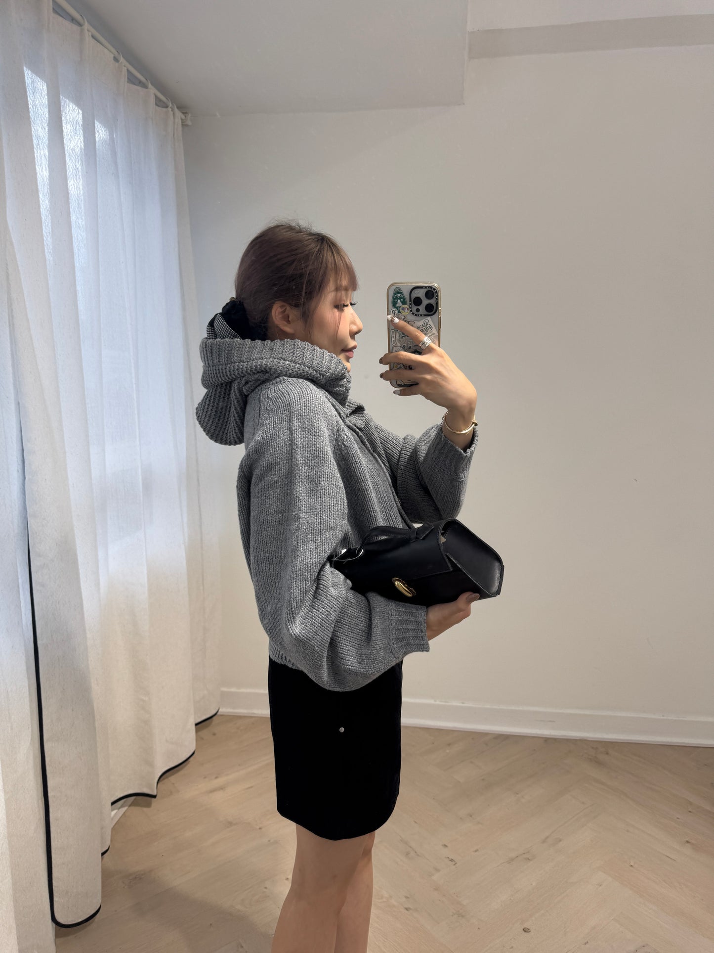 連冷帽鈕扣冷外套套裝 ( 灰/米白/黑 )