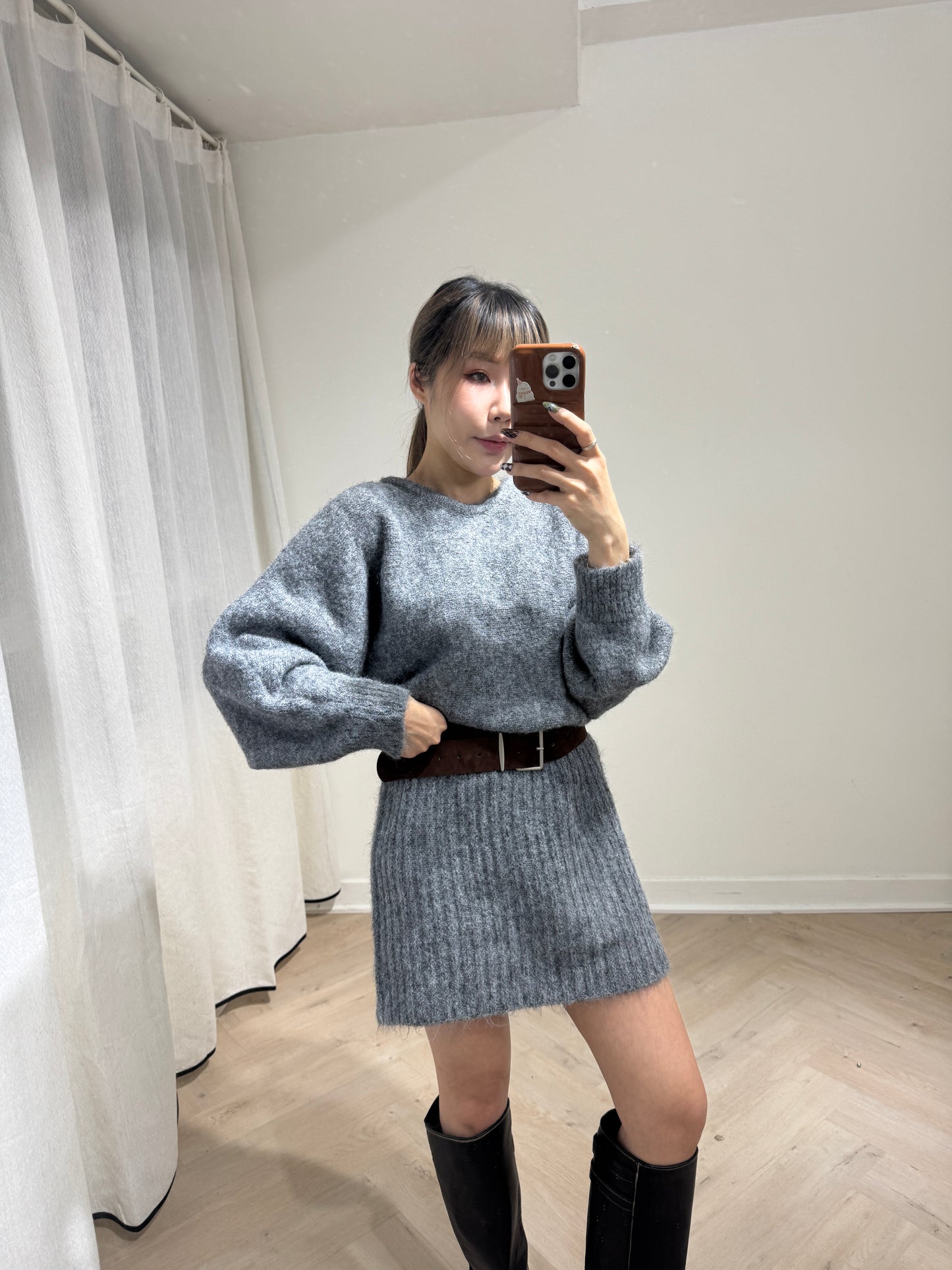 連皮帶冷線連衣裙 ( 灰/米白/啡 )