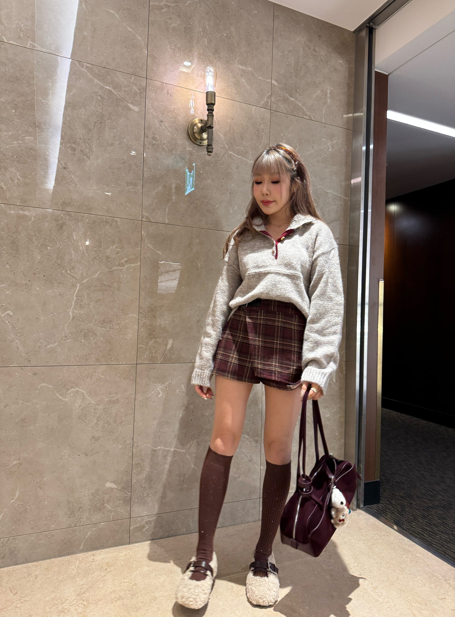 格紋假皮帶薄絨裙褲 ( 紅/灰 )