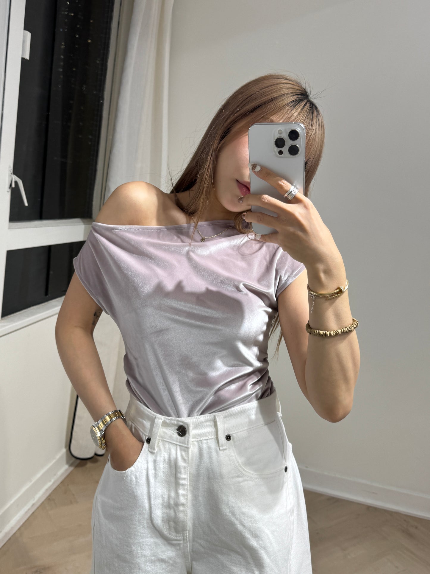 絲絨斜膊上衣 ( 粉/黑 )