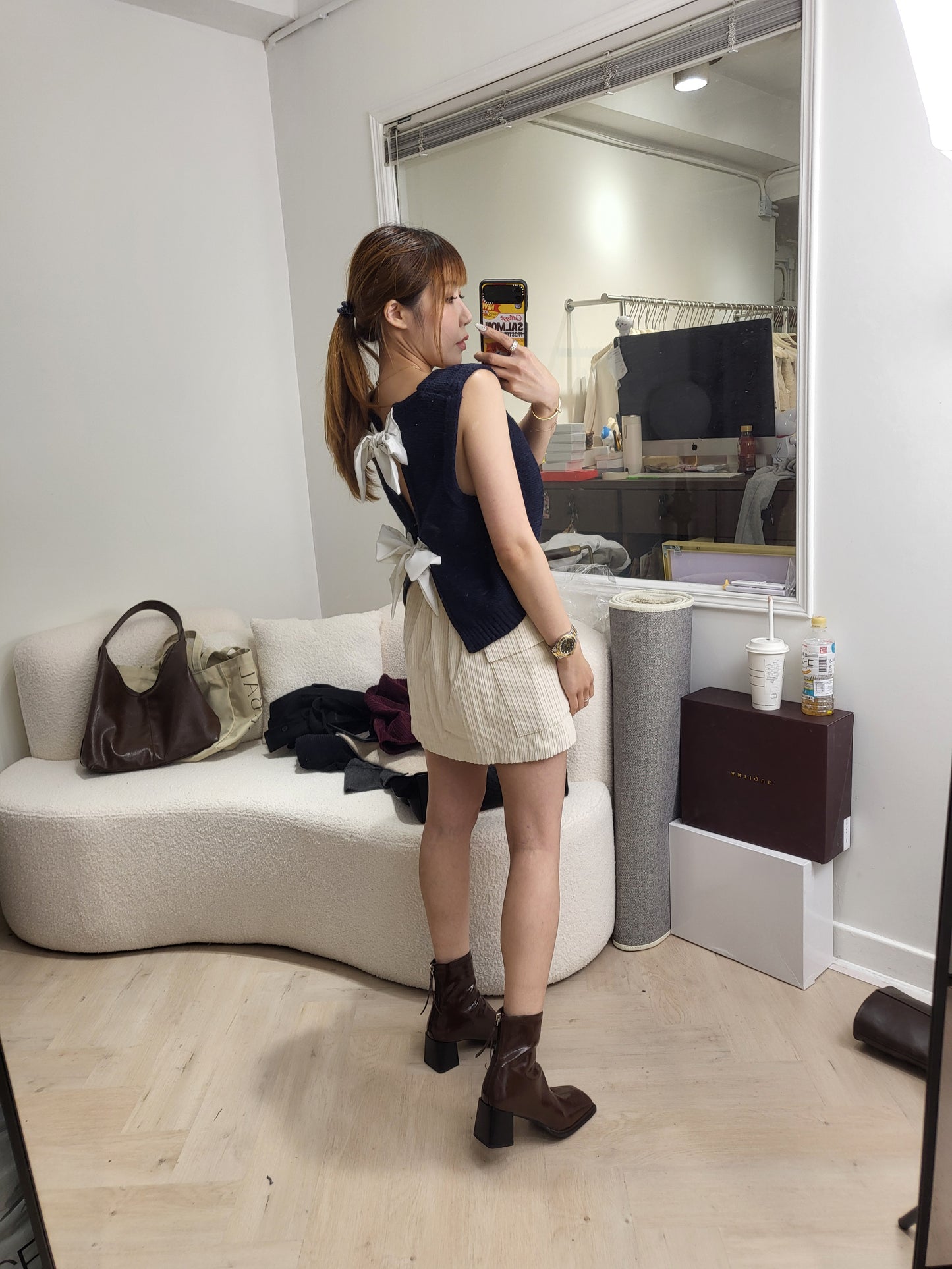 綁蝴蝶背心冷外套 ( 寶藍/灰 )