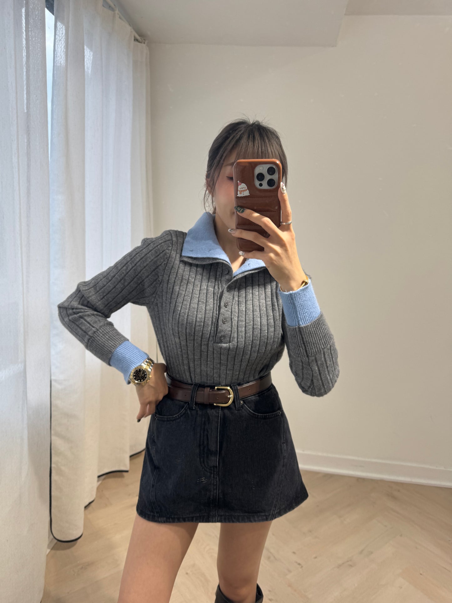 藍併灰直紋假兩件上衣