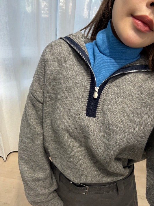 併邊拉鍊冷線上衣 ( 米白/寶藍/灰 )