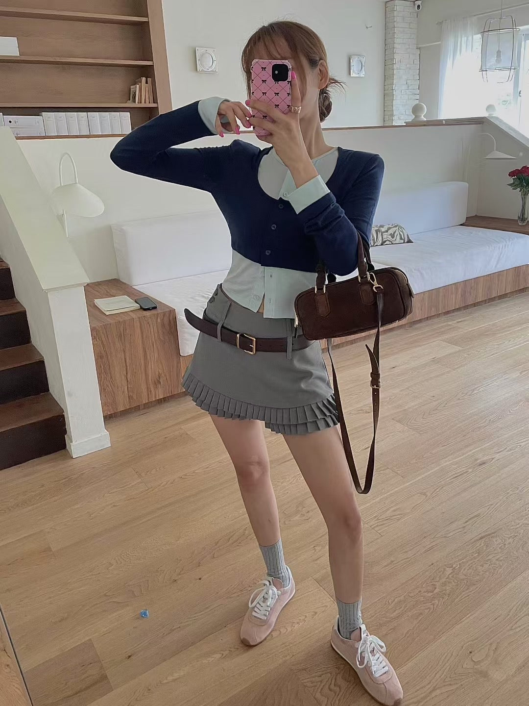 挺西裝料雙層百摺裙褲 ( 灰/啡 )