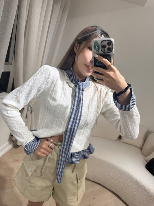 珍珠領併格紋麻花外套上衣 ( 深藍/白/紅 )