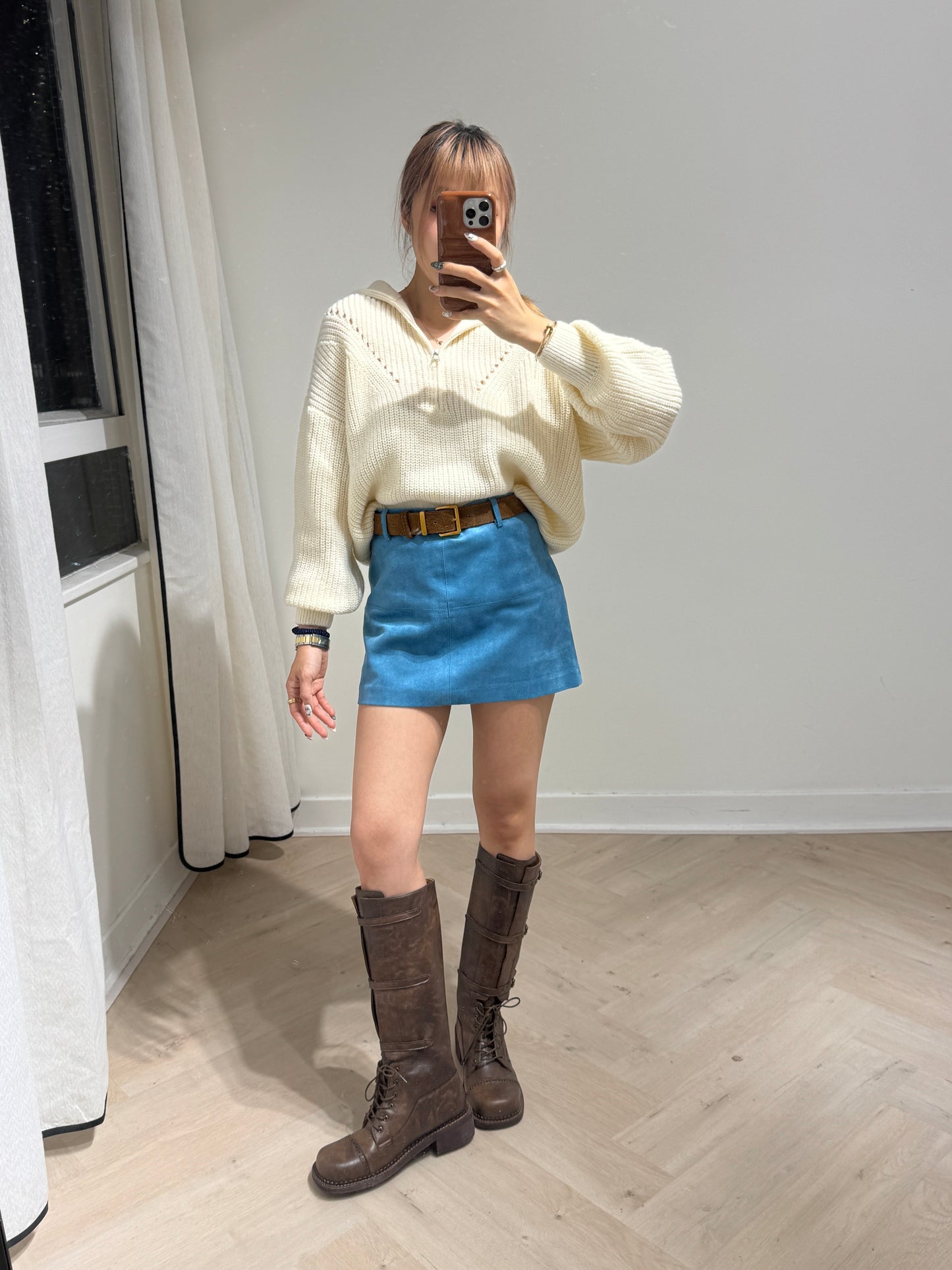 車線麂布裙褲 ( 藍/深啡/淺啡 )