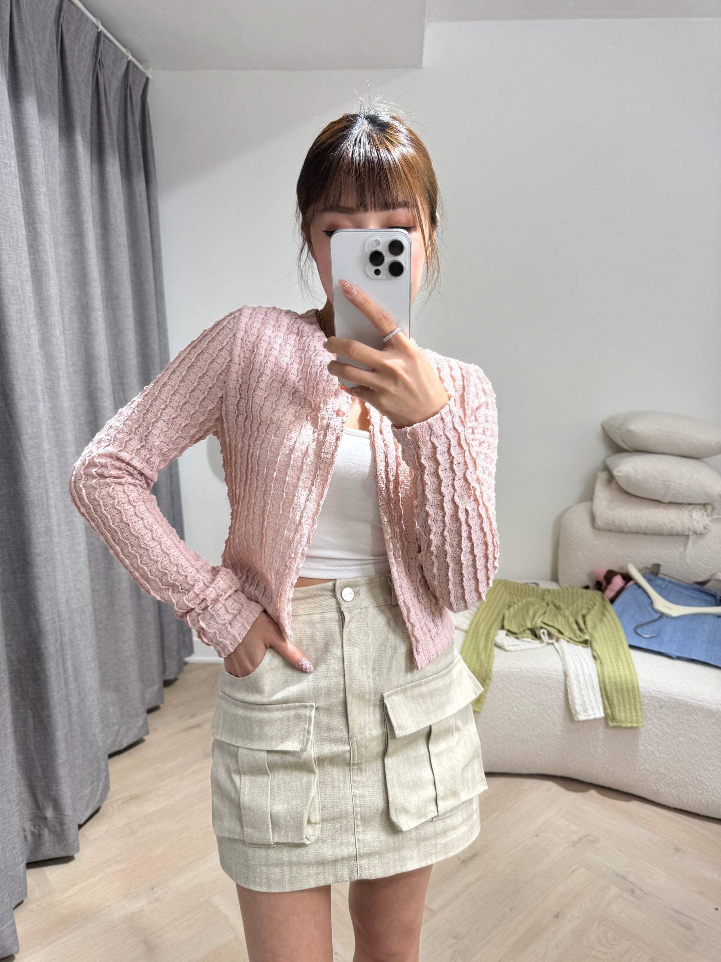 雙扣有口袋短裙褲 ( 米/藍 )