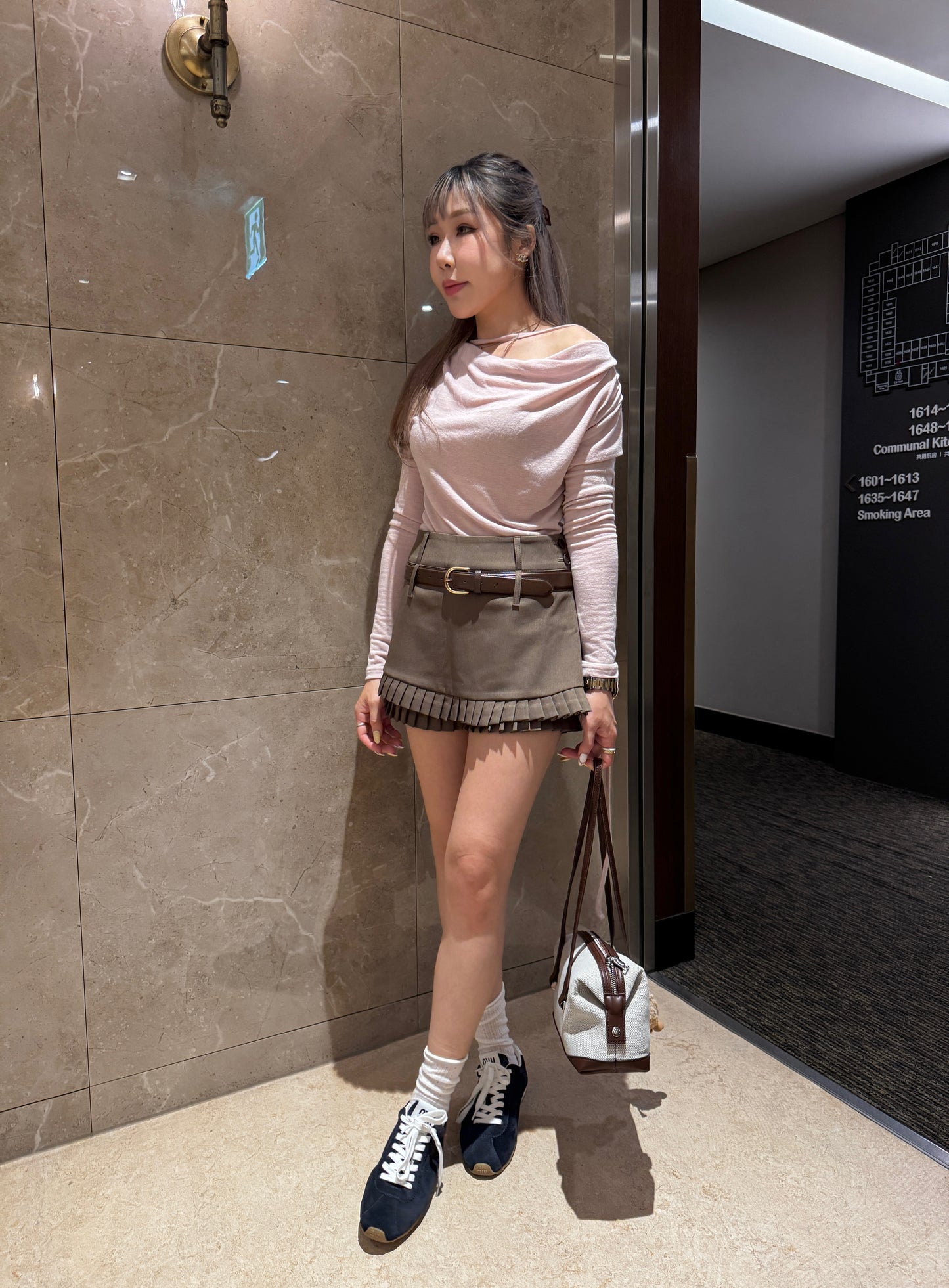 挺西裝料雙層百摺裙褲 ( 灰/啡 )