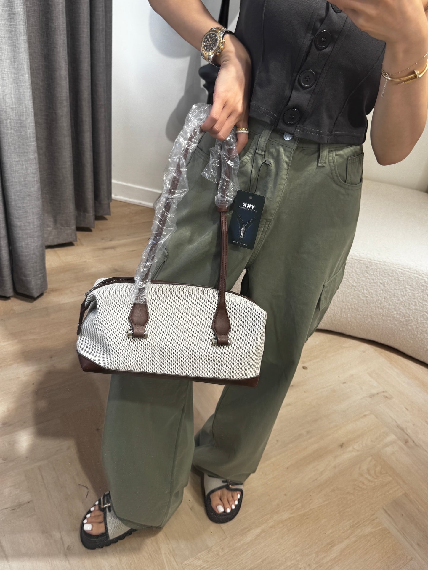 挺帆布皮底長手袋 ( 深啡/黑 )